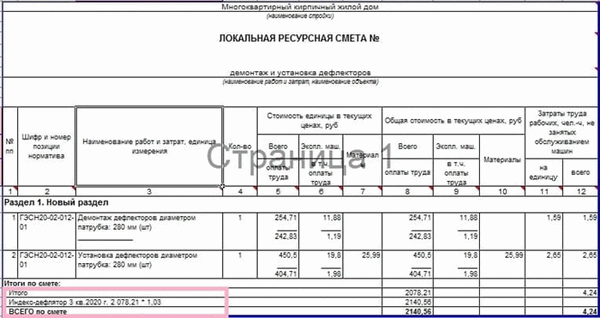 Образец сметы с индексом дефлятором