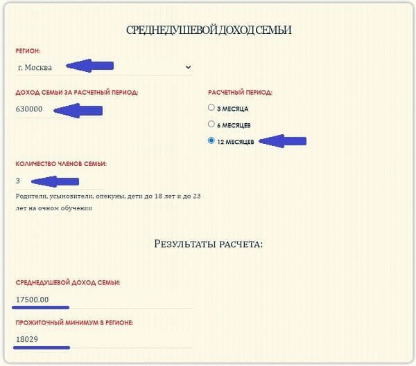 Онлайн калькулятор среднедушевого дохода семьи - примеры расчета