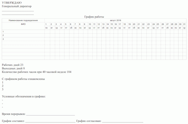 Образец графика работы сотрудников