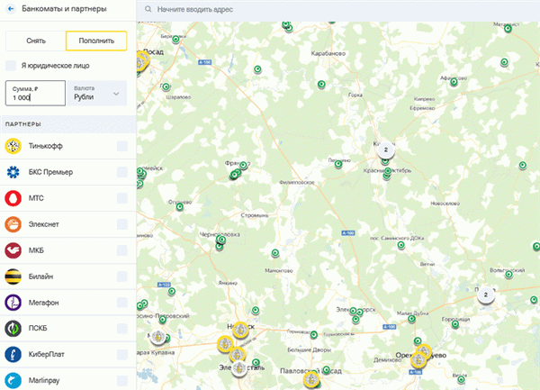 банкоматы партнеры тинькофф банка на карте