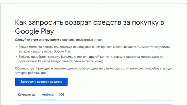 Инструкция по возврвту средств в Гугл плей