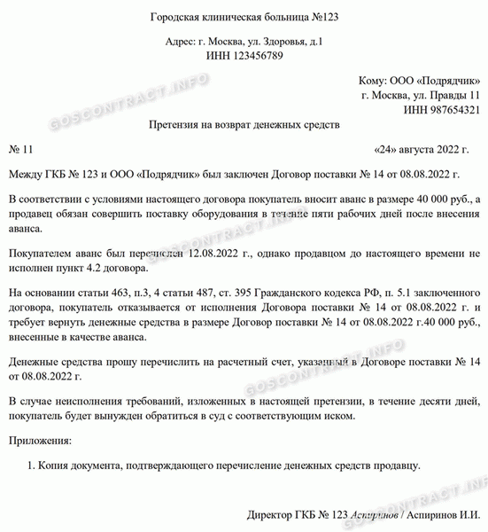 Пример претензии на возврат денежных средств (аванса)