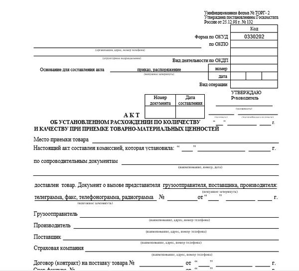 Форма торг 2 образец заполнения при недостаче