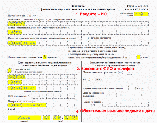 Заявление на получение инн физическому лицу. Заполнение бланка