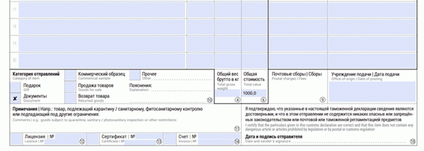 Образец таможенной декларации для посылки за границу